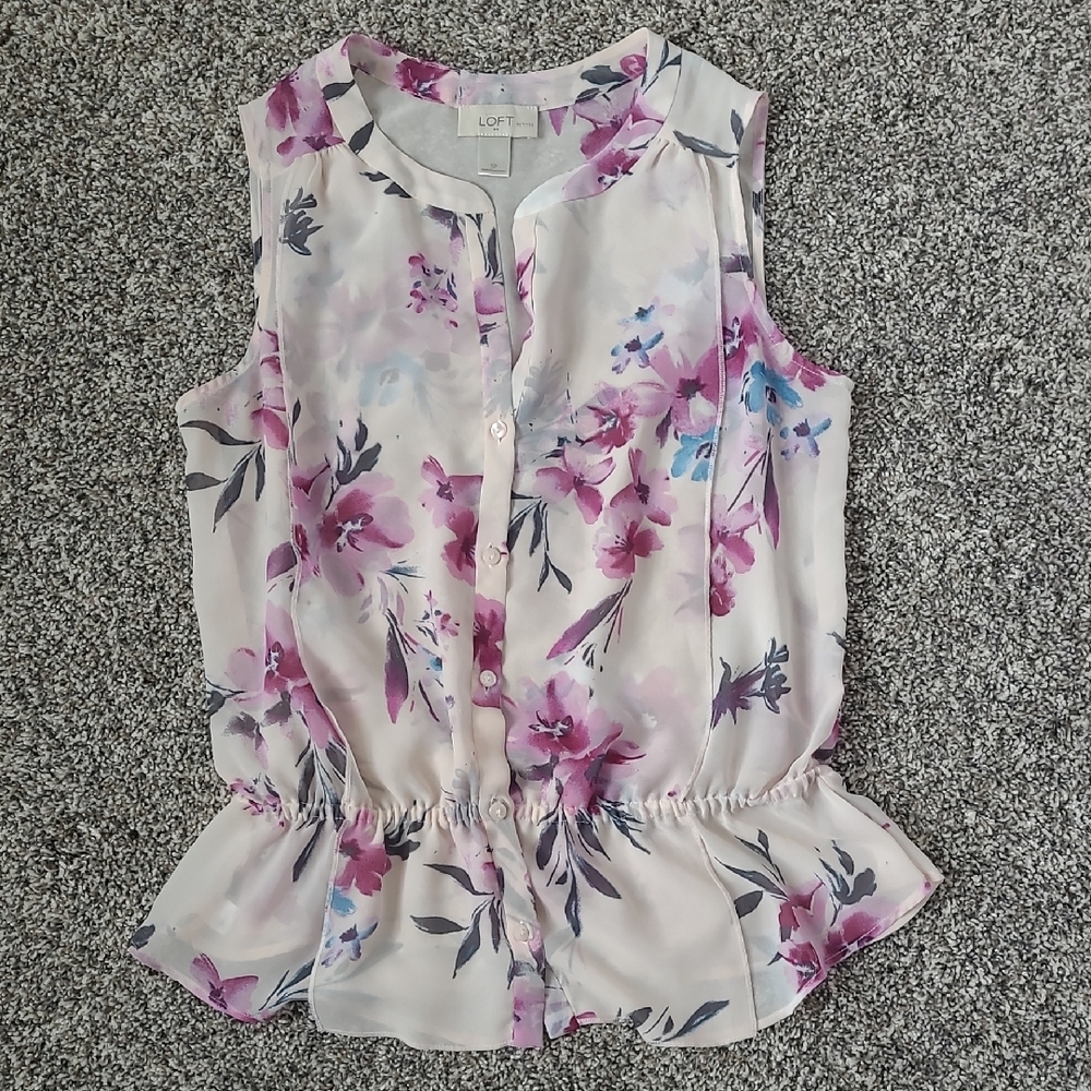 LOFT Cream Sleeveless Sheer Peplum Blouse with Mandarin Collar